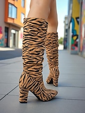 cheap Slouch Boots-Women's Zebra - Striped Slouchy Knee - High Block Heel Boots - Edgy Streetwear Shoes for Casual Hangouts and Night Events
