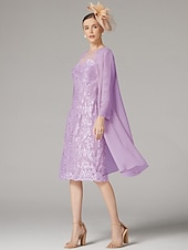 preiswerte Mit Jacke-Zweiteiliges Schlauchkleid Strandhochzeit Mutter der Braut Hochzeitsgast Elegant Juwelen-Ausschnitt knielang Chiffon Spitze 3/4 Ärmeln mit Wrap eingeschlossener Jacke Kleider mit Perlenapplikationen