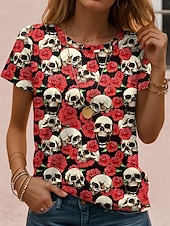 preiswerte Halloween Oberteile-Halloween Damen T Shirt Grafik Schädel Halloween Vintage Stilvoll Klassisch Kurzarm Rundhalsausschnitt Normale Oberteile Täglich Wochenende Druck Schwarz Rote Leicht Braun Blau Orange Herbst Winter