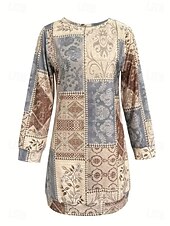 preiswerte Boho Kleid-Damen Minikleid Shiftkleid Urlaub Lässig Geburtstag Täglich Date Normale Passform Blumen Grafik Gestreift Langarm Rundhalsausschnitt Leicht Braun Herbst Winter