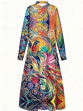 ieftine rochie florală-Pentru femei Rochie Maxi Rochie de schimb Casual Zilnic Dată Fit regulat Floral Grafic Manșon Lung Guler Cămașă Galben Roz Îmbujorat Roșu-aprins Albastru piscină Vară Primăvară Toamnă
