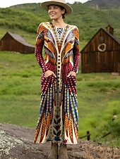 preiswerte Boho Kleid-Damen Maxikleid Etui-Kleid T-Shirt-Kleid Urlaub Lässig Boho Ferien Date Normale Passform Grafik Geometrisch Stammes Langarm Rundhalsausschnitt Schwarz Gelb Rote Leicht Braun Frühling Herbst