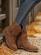 levne Cowboy &amp; Western Boots-Dámské tmavě hnědé kotníkové boty z umělé kůže s bočním zipem a krajkovým detailem – ležérní vintage boty na nízkém podpatku pro každodenní nošení, cestování a outdoorové outfity