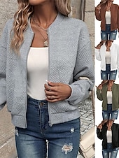 preiswerte Freizeitjacken-Damen Freizeitjacke Strukturierte Jacken Bequem Reißverschluss Mode Modern Lässig Einfach Ausgehen Wochenende Reisverschluss Regulär Stehkragen Normale Passform Langarm Oberbekleidung Schwarz Wei