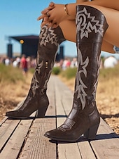 Недорогие Ковбой и западные ботинки-Женские коричневые ковбойские сапоги выше колена в стиле вестерн — ковбойские сапоги из искусственной кожи с вышивкой, острым носком и блочным каблуком для уличного стиля, повседневных нарядов на