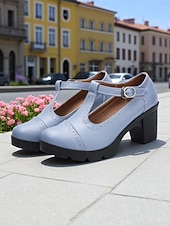  Lyseblå damesko med T-stropp og kraftig hæl – pumps i imitert skinn med rund tå og spenne for fritidsbruk, kontorantrekk og vår- og sommerarrangementer