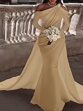 cheap Wedding Dresses-Formal Wedding Dresses Two Piece One Shoulder Long Sleeve Floor Length Satin Bridal Gowns With Sash / Ribbon Beading