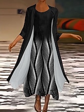 ieftine Rochie cu dungi și geometrică-Pentru femei Set de rochii Rochie Maxi Rochie de schimb Rochie de vară Casual Grafic Geometric Multistratificat Imprimeu Rochie Maxi Lungime Manșon 3/4 Stil Nautic Zilnic Alb Roșu-aprins Primăvar