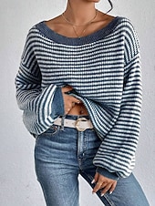 preiswerte Grafische Muster und Details-Damen Pullover Lässig Weich Gestreift Gerippt U-Boot-Ausschnitt Gestrickt Langarm Normale Oberteile Stricken Outdoor Täglich Wochenende Schwarz Rote Herbst Winter