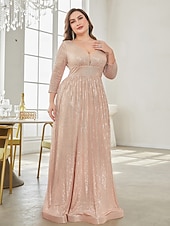 economico Semi-formale / Cocktail-Linea ad A Lunghezza al pavimento Abiti da festa Elegante Manica Lunga Scollo a V Formale Invitato a matrimonio autunnale Con Paillettes con Glitter Paillettes