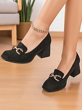 abordables Chaussures sans lacet et mocassins femme-Mocassins à talon carré en daim bordeaux pour femmes - chaussures habillées à enfiler à bout carré avec détail mors doré, style rétro classique pour le bureau, les tenues d&#039;affaires et les occasions