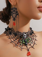 abordables Accesorios de Halloween-Conjunto de collar y pendientes de araña y calavera de Halloween para mujer: diseño de red de encaje negro con gema roja, perfecto para fiestas y disfraces de Halloween.