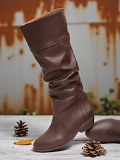 levne Slouch Boots-Dámské tmavě hnědé kozačky z umělé kůže – stylové kozačky na nízkém podpatku pro podzimní a zimní outfity
