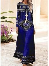 preiswerte Boho Kleid-Damen Maxikleid Shiftkleid A Linie Kleid Party Lässig Boho Täglich Date Ausgehen Normale Passform Batik Stammes Langarm Rundhalsausschnitt Rote Blau Purpur Grün Frühling Herbst Winter
