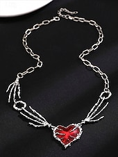 economico Accessori di Halloween-Collana da donna con ciondolo a forma di cuore e mano scheletrica per Halloween, catena con gemma rossa punk gotica, gioielli per feste in maschera e cosplay