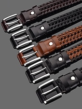 levne Pánské opasky-Pánský pletený opasek z pravé kůže – klasický tkaný design s leštěnou přezkou, odolný a nastavitelný doplněk v pase pro ležérní, obchodní a golfové outfity