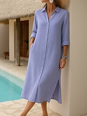 ieftine Rochie simplă-Pentru femei Rochii Midi Rochii Tip Cămașă Rochie casual Clasic Modern În aer liber Vacanță Concediu Fit regulat Simplu Manșon Lung Guler Cămașă Galben Mov Liliac Gri Deschis Toamnă