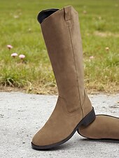 abordables Bottes à la mode-Bottes mi-mollet kaki pour femmes – Bottes à talons bas de style western décontracté pour l&#039;automne et le quotidien