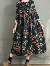 abordables robes imprimées en coton et lin-Femmes Robe maxi Robe trapèze Occasionnel Quotidien Coupe régulière Fleuri manche longue Col ras du cou Bleu marine Rouge Vert foncé Marron Été Automne