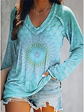 abordables T-shirt Art &amp; Design-Femmes T-shirt Fleuri Graphique Plantes Élégant Bohème ancien manche longue Col en V Hauts Réguliers Quotidien Sortir Week-end Imprimé Jaune Rose Claire Bleu Violet Vert Printemps Automne