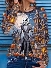 levne Halloweenské topy-Halloween Dámské Tričko Grafika Lebky Dýně Vinobraní Módní stylové Dlouhý rukáv Tričkový Běžné topy Denní Tisk Vodní modrá Podzim Zima