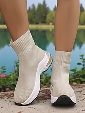 levne Kotníkové boty-Dámské béžové ponožkové kozačky z flyknit pleteniny s platformovou podrážkou – lehká ležérní obuv na outdoor, cestování a sport