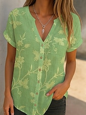 בגדי ריקוד נשים חולצה פרח מודרני יום יומי שרוולים קצרים צווארון V חולצות רגילות יומי חגים כפתורים דפוס ירוק דשא פול סגול תלתן סתיו זול חולצות פרחוניות-בגדי ריקוד נשים חולצה פרח מודרני יום יומי שרוולים קצרים צווארון V חולצות רגילות יומי חגים כפתורים דפוס ירוק דשא פול סגול תלתן סתיו
