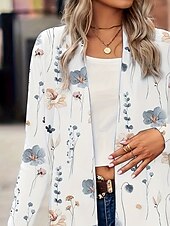 billiga Skjorta jackor-Dam Trenchcoat Lättvikt Bekväm Mönster Ledigt Blommig Semester Gata Ledigt Dagliga kläder Öppen front Lång Kraglös Normal Långärmad Ytterkläder Vit Vår Höst