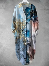 levne Boho šaty-Dámské Midi šaty Košilové šaty Volnočasové šaty Módní Moderní Denní Plážové Víkend Běžný Grafika Dlouhý rukáv Košilový límec Vodní modrá Trávová zelená Jaro Podzim