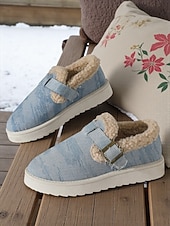 abordables Botas de nieve e invierno-Botines de nieve para mujer con forro polar vaquero: zapatos de invierno cálidos e informales sin cordones con correa de velcro para viajes y paseos al aire libre.