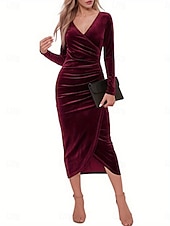 voordelige Feestjurken-Dames Halflange jurk Kerstjurk Fluwelen Jurk Cocktail jurk Elegant Stijlvol Sexy Avond Feest Normale pasvorm Effen Lange mouw V-hals Zwart Wijn Koningsblauw Donkergroen Lente Herfst