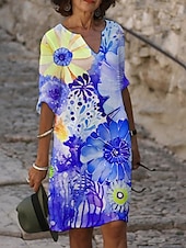 abordables Robes Floraux Imprimés-Femmes Robe Midi Robe Décontractée Robe Imprimée Mode Moderne Quotidien Plage Week-end Coupe régulière Fleuri Manche 3/4 Col ras du cou Rouge Bleu Violet Fuchsia Été Printemps Automne