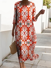 billiga Blommig klänning-Kvinnors Maxiklänning Kaftan 3/4 Lång Ärme Crew Neck Avslappnad Shift Klänning A-linjeformat Klänning Klänning Boho Daglig Semester Dejtdress Blommig Grafisk Rosa Röd Blå Fuchsia Vår