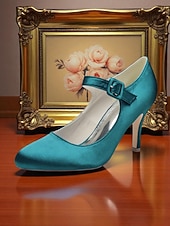 voordelige Cocktail-Champagnekleurige satijnen Mary Jane-hakken voor dames met kristallen gesp, elegante pumps met puntige neus voor cocktailparty&#039;s