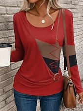 abordables T-shirt rayé et géométrique-Femmes T-shirt Graphique Géométrique ancien Élégant Occasionnel manche longue Col ras du cou Hauts Réguliers Quotidien Patchwork Imprimé Jaune Rouge Bleu Bleu Poudré Violet Automne Hiver