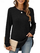 preiswerte Texturierte Oberteile-Damen Textur Bluse T Shirt T-Shirt Einfach Mode Modern Langarm Rundhalsausschnitt Normale Oberteile Täglich Ausgehen Asymmetrisch Schwarz Wein Fuchsie Braun Grün Frühling Herbst