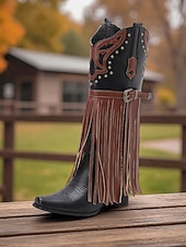 billige Cowboy og vestlige støvler-Blå og brune cowboystøvler med westernfrynser til dame – knehøye støvler med broderi i imitert skinn for rodeo-stil, countrykonserter og festivalantrekk