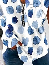 baratos Tops Listrados e Geométricos-Mulheres Moletom Moletons com zíper Gráfico Geométrica Poá Moda Casual Manga Longa Gola Redonda Tops regulares Rua Dia a Dia Zíper Imprimir Azul Primavera Outono Inverno