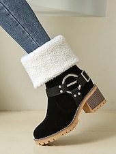 baratos Botas de neve e inverno-Botas femininas de camurça sintética com punho e fivela de pele de carneiro – botas casuais de inverno com salto grosso para atividades ao ar livre, viagens e looks aconchegantes