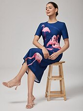 baratos Vestidos Florais-vestido longo elástico com estampa de flamingo