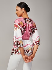 economico Bluse e camicie-Top da donna in raso stampato rosa con scollo a barchetta, maniche a sbuffo, in viscosa, elegante, lavabile in lavatrice, per tutti i giorni, lavoro, autunno
