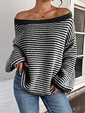 preiswerte Grafische Muster und Details-Damen Pullover Lässig Weich Gestreift Gerippt U-Boot-Ausschnitt Gestrickt Langarm Normale Oberteile Stricken Outdoor Täglich Wochenende Schwarz Rote Herbst Winter