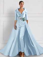 billiga Ballgowns för kvällsbruk-A-linjeformad aftonklänning Elegant overskirt jumpsuit klänning formell bröllop blomster golvlängd halvlång ärm skjortkrage satin med slits broderi applikationer