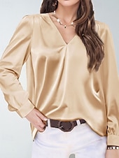 preiswerte Elegante Oberteile-Damen Hemd Bluse Einfach Modern Lässig Langarm V Ausschnitt Normale Oberteile Täglich Ferien Ausgehen Gerafft Schwarz Weiß Gelb Rosa Wein Herbst