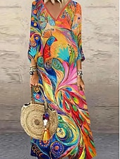 billiga Boho-klänning-Dam Midiklänning T shirtklänning A linjeklänning Semester Ledigt Boho Dagligen Helgdag Datum Normal Blommig Grafisk Geometrisk Långärmad V-hals Mörkbrun Vit Rostig röd Rubinrött Höst Vinter