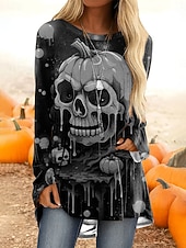 billige Halloween topper-Halloween Dame T skjorte Grafisk Hodeskaller Gresskar Årgang Stilfull Fritid Langermet Crew-hals Vanlige topper Daglig Trykt mønster Rosa Blå Oransje Grønn Grå Vår Høst