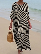 abordables Robe Rayée et Géométrique-Robe maxi femme Kaftan à manches 3/4 col rond robe décontractée robe shift A-line robe Boho quotidienne rendez-vous sortie géométrique brun foncé jaune rouge violet