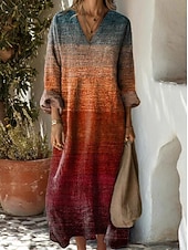 preiswerte Streifen- und geometrische Kleider-Damen Maxikleid Sommerkleid A Linie Kleid Urlaub Lässig Boho Party Ferien Strand Lässiger Schnitt Grafik Geometrisch Abstrakt Langarm V Ausschnitt Dunkelbraun Dunkelrot Rote Leicht Braun Frühling