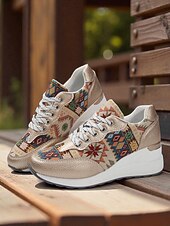 economico Sneakers da donna-sneakers con zeppa dorate da donna – scarpe da ginnastica con plateau e lacci con stampa etnica per abbigliamento casual da strada e viaggi del fine settimana