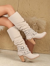 olcso Slouch Boots-női bézs lompos, térdig érő csizma csattal és szegecsekkel, vintage western stílusú őszi és téli alkalmi viselethez